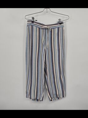 Alex & Jordan Blue & White Striped Linen Blend Pants Cropped Drawstring Size S